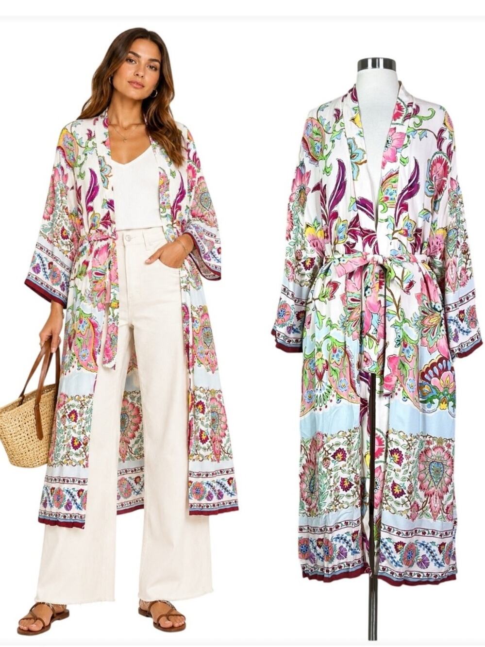 Zara Blush Pink Open Floral Belted Kimono Robe Duster size XS Side Slits